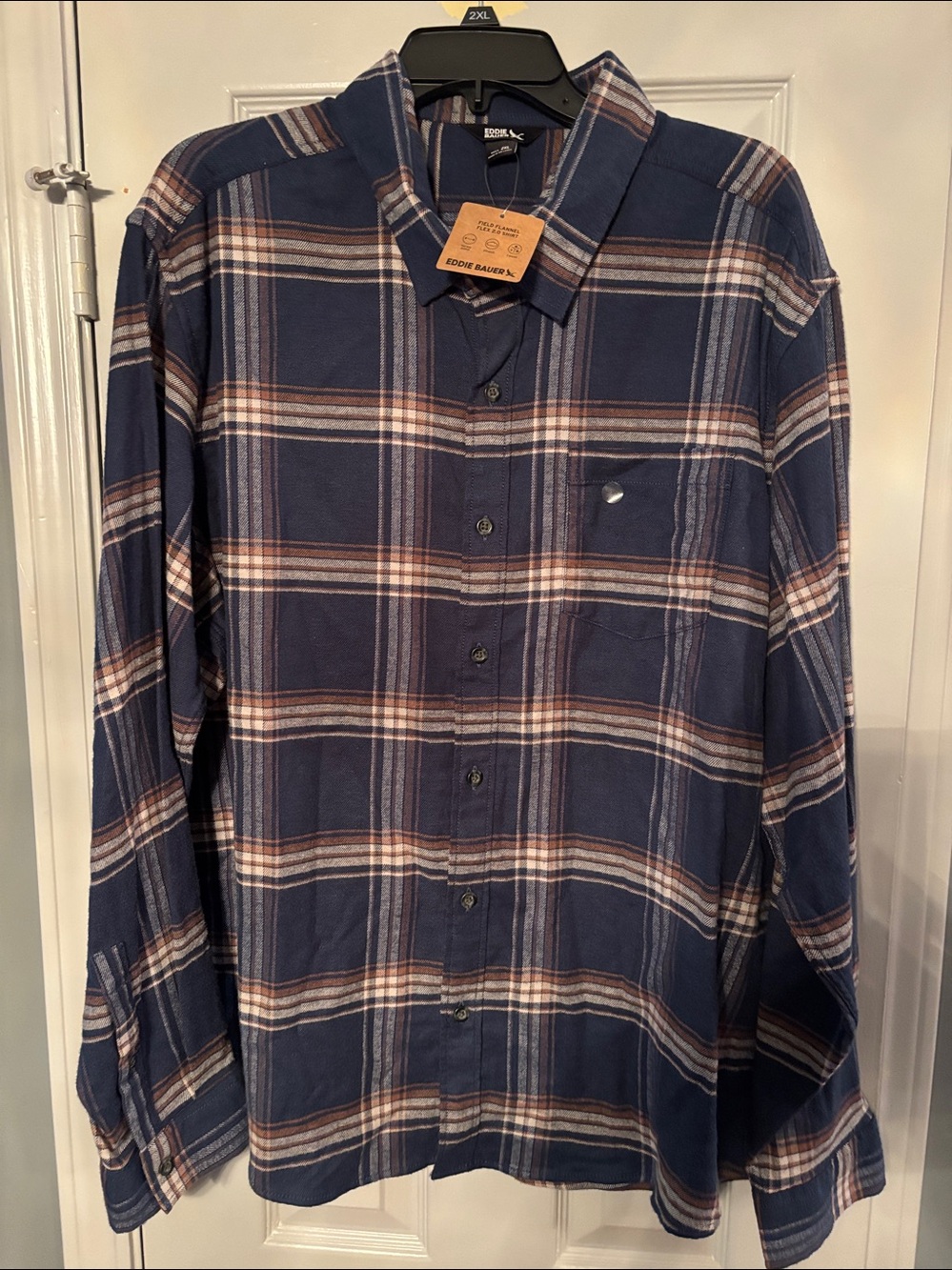 Eddie Bauer Blue White & Gold Plaid Button-Down Field Flannel Flex Shirt NWT